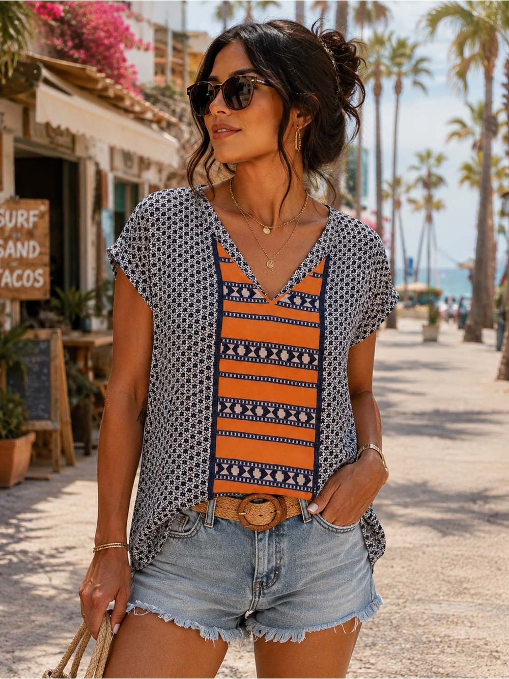THML Navy/Cream/Orange Geometric Boho Short Sleeve Blouse